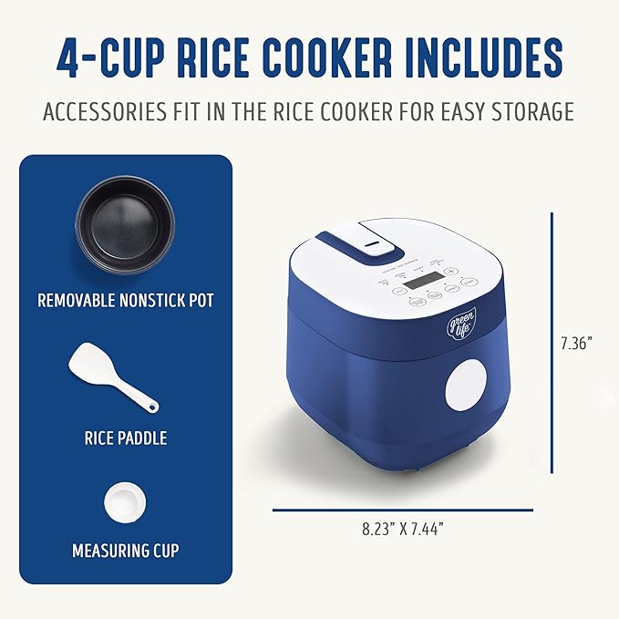 GreenLife Digital Rice Cooker, 2-Cups Uncooked/4-Cups Cooked, Removable Nonstick Ceramic PFAS-Free Pot, One-Touch Presets, Oats, Quinoa, Brown Rice, Auto Keep Warm, Fuzzy Logic Tech, 1.5 QT, Navy Blue