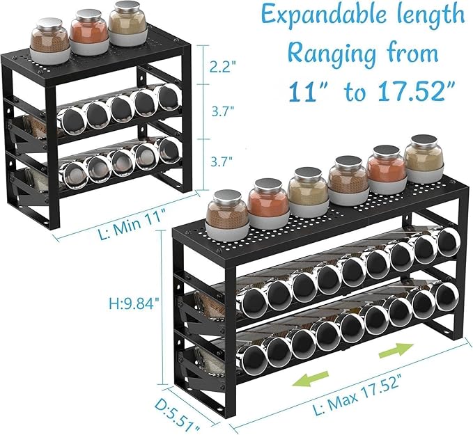 Expandable, Stackable, Adjustable Spice Rack Kitchen Organizer,Metal Pantry Storage Shelves - Multi-Tier Shelf for Cabinet, Countertop, Pantries, Cupboard or Wall Mount,Black