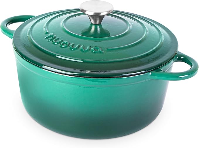 Cast Iron Dutch Oven with Lid – Non-Stick Ovenproof Enamelled Casserole Pot – Sturdy Dutch Oven Cookware – Dark Green, 5-Quart, 24cm – by Nuovva