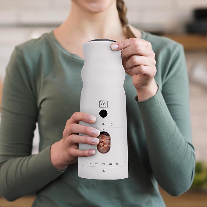 WHITE RAIN Salt Mill with LED Lights & Adjustable Coarseness, Aluminum Rechargeable Salt Grinder Refillable Heavy Duty Electric Himalayan Pink Salt Grinder, Kitchen Gadgets