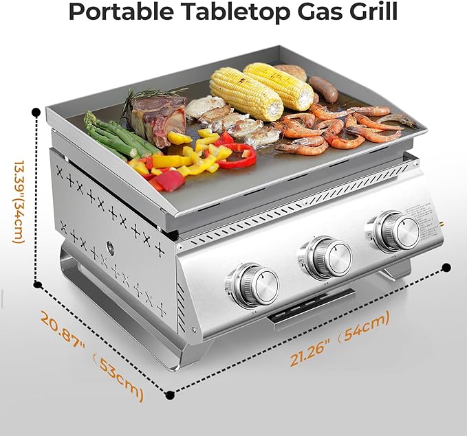 R.W.FLAME Premium 3-Burner Tabletop Propane Gas Griddle Stainless Steel Portable Outdoor Griddle,24,000 BTU Compact Flat Top Camping BBQ Grill,347 Sq. In. Cooking Area,Heavy Duty