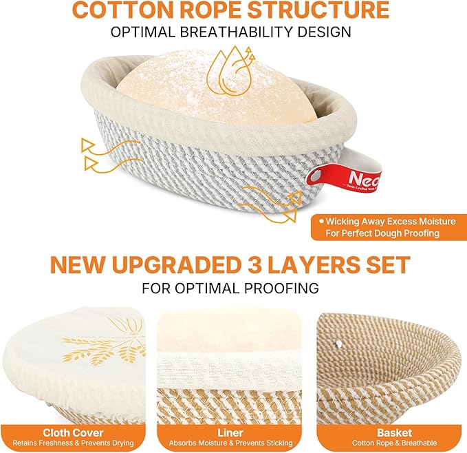 Banneton Bread Proofing Basket Set - Oval & Round Sourdough Proofing Baskets - Sourdough Proofing Bowls Bread Baking Supplies With Liner & Cloth Cover - Cotton Rope Banneton Basket for Baking