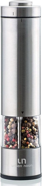 Electric Salt and Pepper Grinder - Battery Operated Stainless Steel Pepper Mill with Light - Automatic One Handed Operation - Electronic Adjustable Shaker - Ceramic Grinder