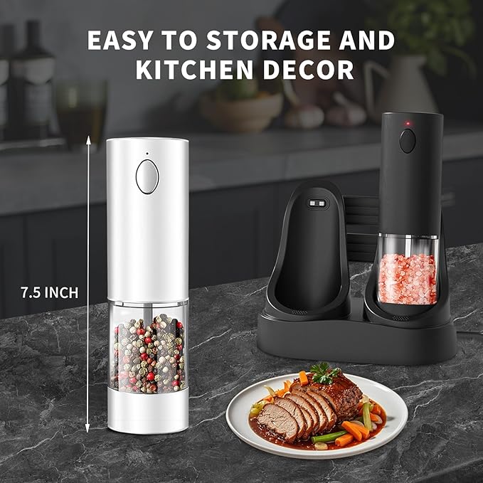 Electric Salt and Pepper Grinder Set with Base Rechargeable with LED lights, Automatic Salt and Pepper Mill Set Refillable with 5 Adjustable Coarseness Black & White
