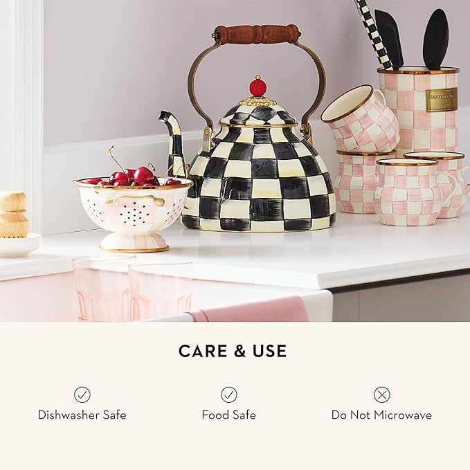 MACKENZIE-CHILDS Enamel Colander, Decorative Kitchen Strainer, Small, Pink-and-White Rosy Check