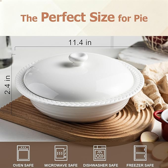 Deep Dish Pie Pan with Lid, 11 inch Ceramic Pie Dish, Round Baking Dish for Apple, Quiche, Pot Pies, Tart, etc, Microwave, Dishwasher, and Oven Safe