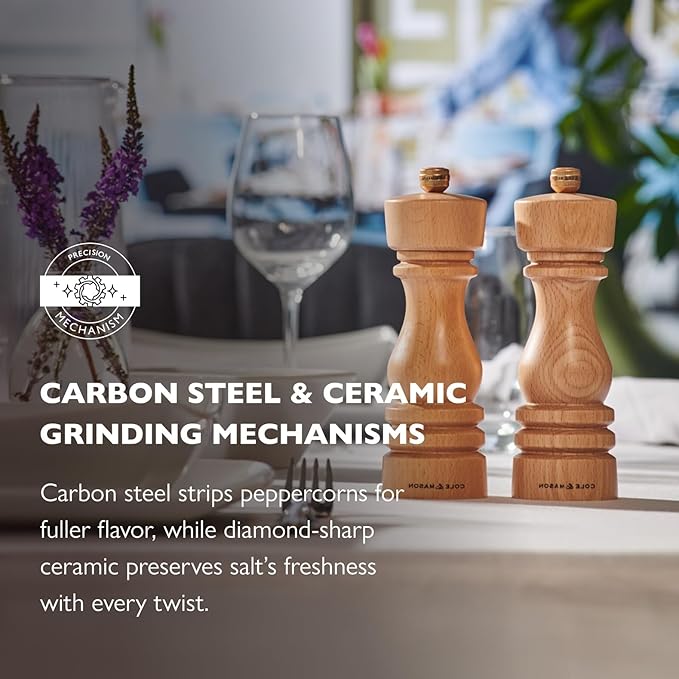 Cole & Mason London Refillable Spice Mill - Kitchen & Home Accessory - Salt & Pepper Grinder Set - Salt Mill with Ceramic Mechanism - Pepper Mill with Carbon Steel Mechanism - 5", Natural Beech