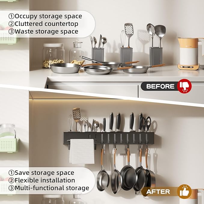 NET MEYA Stainless Steel Pot and Pan Hanger,Wall Mounted Pot Rack Kitchen Hanging Rail With S Hooks,Detachable Pans Hanging Rail Kitchen Lids Utensils Hanger,19.7 InchWall Mounted Hanging Pot Rack