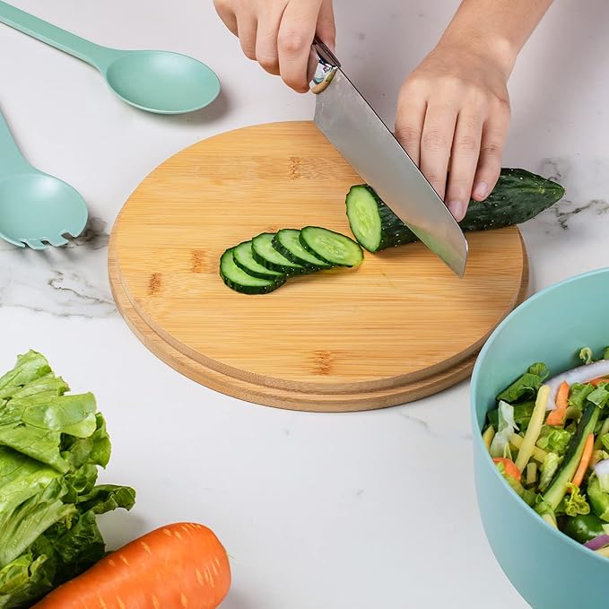 Bamboo Fiber 10 ″ Large Salad Serving Bowl Set with Wooden Lid & Servers, 3.5Qt Big Bowl with Utensils for Mixing Salad,Fruit,Pasta,Lightweight & Dishwasher Safe, Ideal Gift for Home - Teal Color