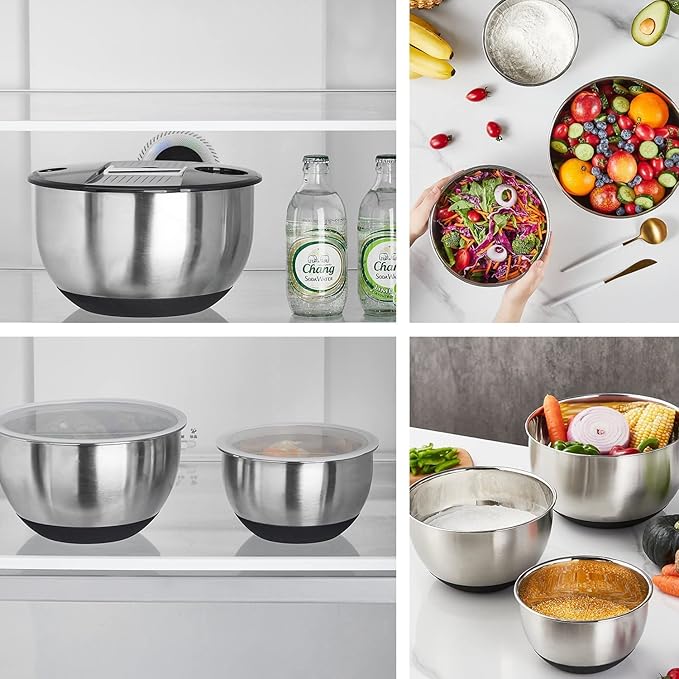 Mixing Bowls with Lids Set,Pack of 3 Stainless Steel Nesting Bowls with Grater Airtight Lids Non-Slip Bottoms for Slicing,Shredding,Grating,Mixing,Cooking,Baking(Black)