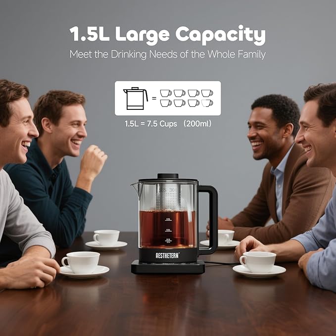 Electric Tea Kettle with Infuser Temperature Control and Automatic Shut Off 24 H Keep Warm for Coffee Water Heater and Tea Pot Glass Black 1.5L