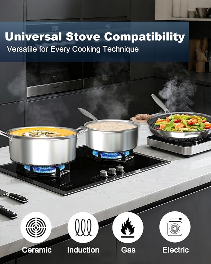 FogDream 7PCS Nonstick Cookware Set, 9.5" Fry Pan, 8 QT Soup Pot, 1.5 QT Sauce Pan with Tempered Glass Lids, Cool Handles, Dishwasher Safe, Induction Compatible for All Cooktops, Silver