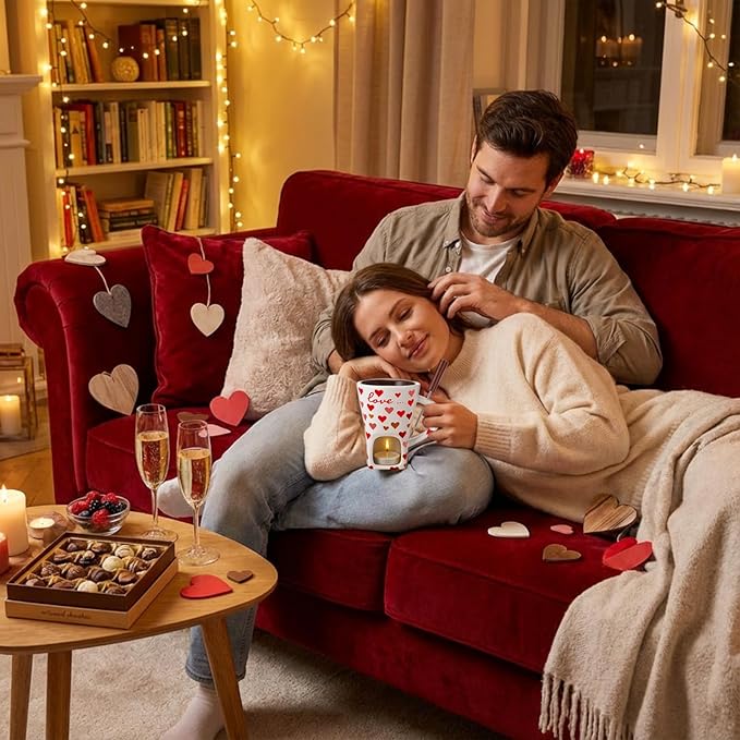 Honeydak Christmas Chocolate Fondue Mug with Fork and 3 Candle Sweet Ceramic Personal Chocolate Melting Cup Ideal Xmas Gifts Birthday Date Night Birthday Wedding Gifts (White,Heart)