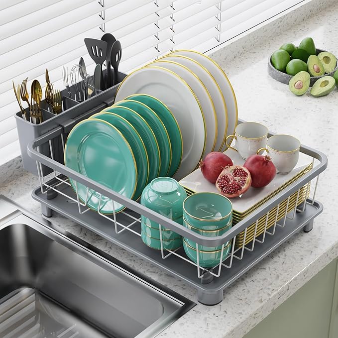 Dish Drying Rack - Space-Saving Dish Rack,Dish Racks for Kitchen Counter with Drainboard, Rustproof Dish Drainer with a Removable 4-Compartment Utensil Holder,Gray