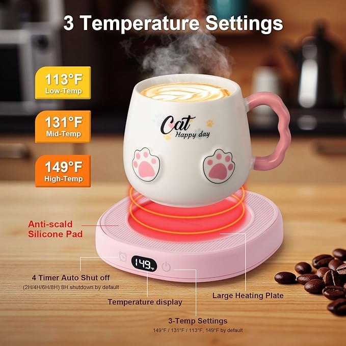 Bsigo Smart Coffee Mug Warmer & Cute Cat Mug Set, Coffee Beverage Cup Warmer for Desk Home Office, Candle Warmer Plate for Cocoa Milk Tea Water with 3 Temperature Up to 149℉/ 65℃, 8 Hour Auto Shut Off