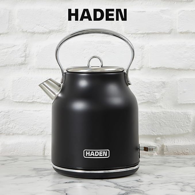 HADEN Heritage 1.7 Liter Stainless Steel Electric Kettle, Hot Water Kettle with 360-Degree Base and Auto Shutoff, Black & Chrome