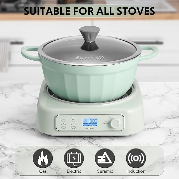 BUYDEEM 5-in-1 Slow Cooker 4.7QT with Removable Nonstick Stockpot, Compatible with Various Cookwares, Two Temperature Controls, Customized Time Settings, Auto Keep Warm for 2H, Cozy Greenish