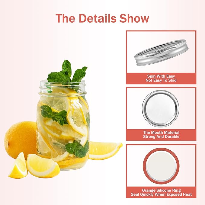 Aliggbent Canning Lids 200 PCS Mason Canning Jar Lids 70MM Regular Mouth Reusable Leak Proof Split Type Lids Food Grade and Anti-Rust Silver Jar Secure Caps and Bands with Silicone Seals Ring