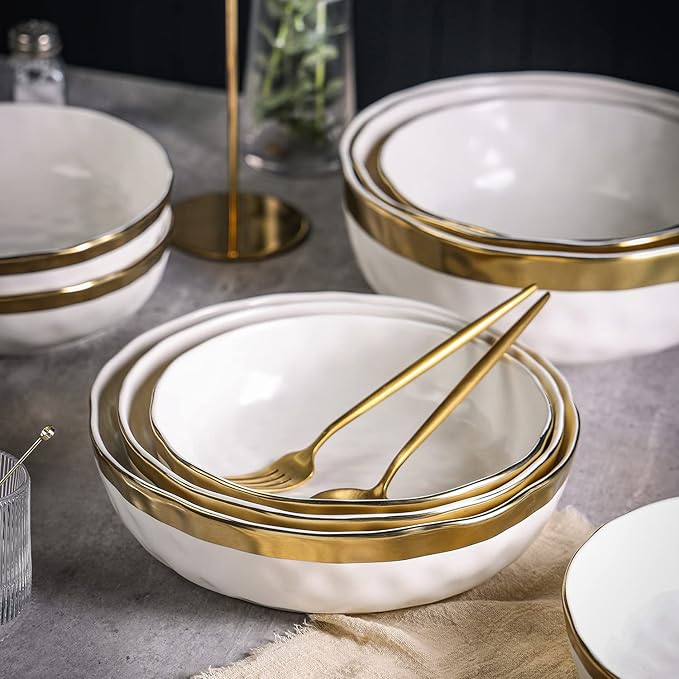 Stone Lain Florian Porcelain 3-Piece Round Shallow Bowl Service Set, White wit Gold Rim
