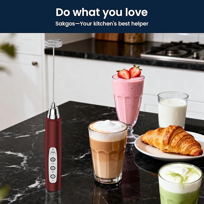 Milk Frother Rechargeable Handheld-Electric Whisk 3 Speed Adjustable, Frother Wand Coffee with 3 Stainless Whisks, Electric Foam Maker, Drink Mixer Blender for Latte Cappuccino Matcha Egg