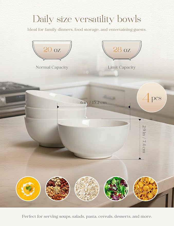 AISBUGUR 28 OZ Soup Bowls,6Inch Ceramic White Bowls Set of 4 for Kitchen,Cereal Bowls for Soup, Cereal, Oatmeal, Fruit, Rice,Bowls Set for Dishwasher & Microwave Safe
