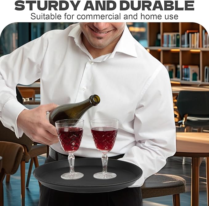 8Pcs Black Round Restaurant Serving Trays, Plastic Non Slip Surface Circle Fruit Appetizer Flat Tray Food Drink Server Tray with Raised Edges for Home, Restaurant, Cafeteria, Bar, Cocktail (16 in)