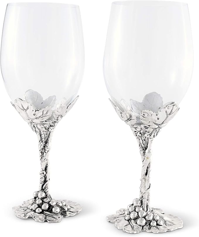 Arthur Court Designs Aluminum Grape Pattern Base Wine Glasses 8.25 inch Tall 16 ounces