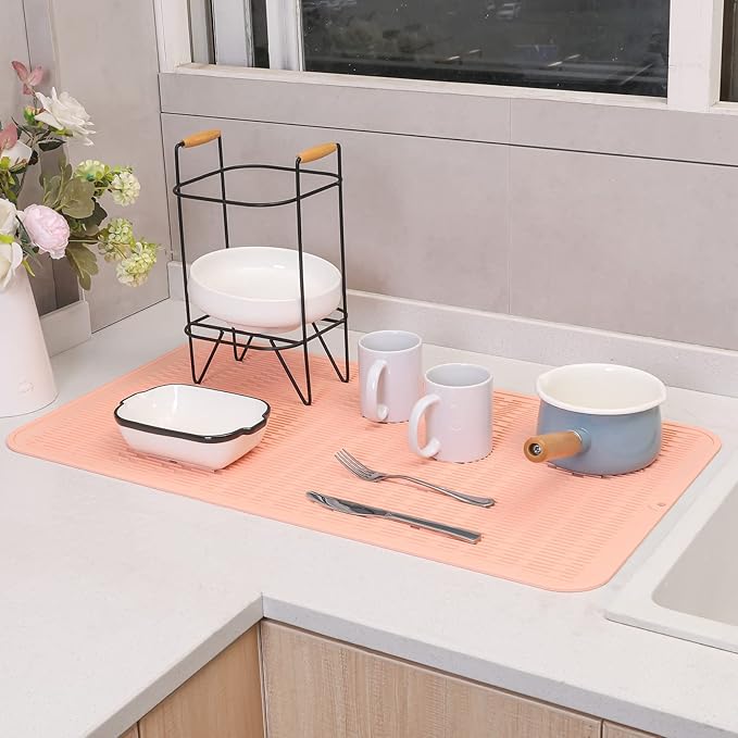 Silicone Dish Drying Mat for Multiple Usage,Easy clean,Eco-friendly,Heat-resistant Silicone Mat for Kitchen Counter or Sink,Refrigerator or Drawer Liner Pink 4XL 32 inches x 18 inches