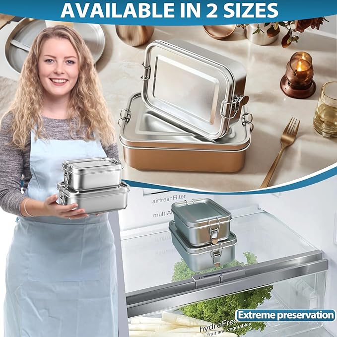 Stainless Steel Lunch Container 2 Pack 304 stainless Steel Bento Box Kids Adult(29oz/19oz),Leak Proof Stainless Steel Snack Containers With 1 Compartment and Lunch Bag