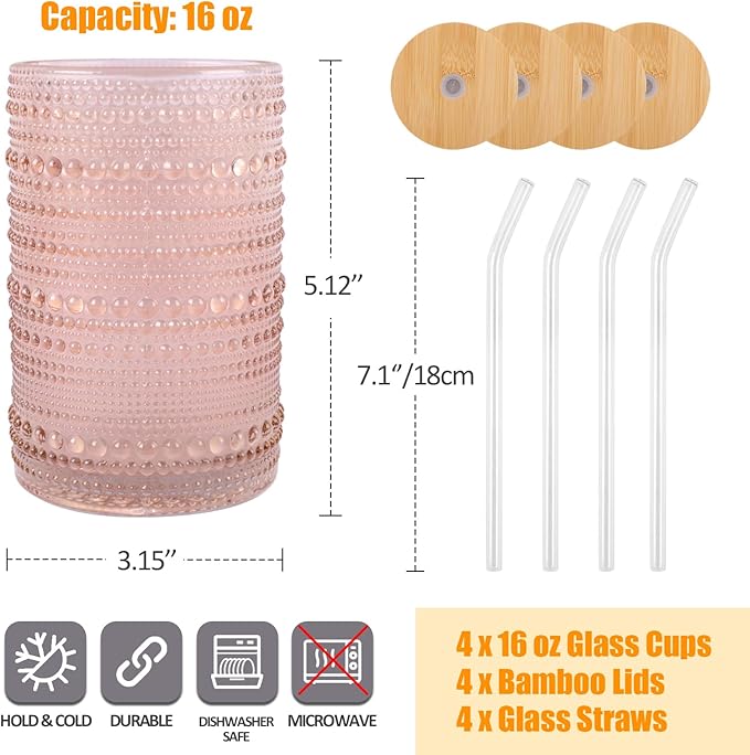 Vintage Drinking Glasses Set of 4 with Bamboo Lids, Textured Clear Striped Ribbed Glassware Set Cocktail Set Beaded Glass Cups Old Fashion Embossed Iced Coffee Cup for Beer, Beverage(16 oz), Rose Gold