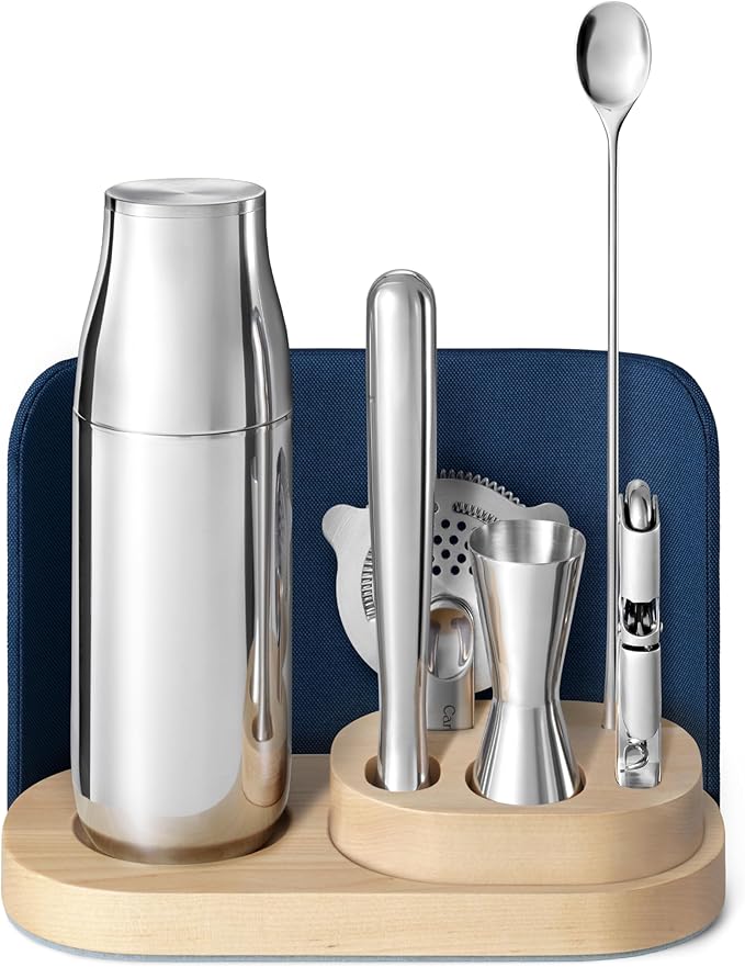 Caraway 9-Piece Complete Bar Set - Cocktail Shaker, Jigger, Muddler, Wine Key, Strainer, Bar Spoon, Storage Organizer, Magnetic Backer - Bartender Accessories - Tools for Home Bartending - Navy