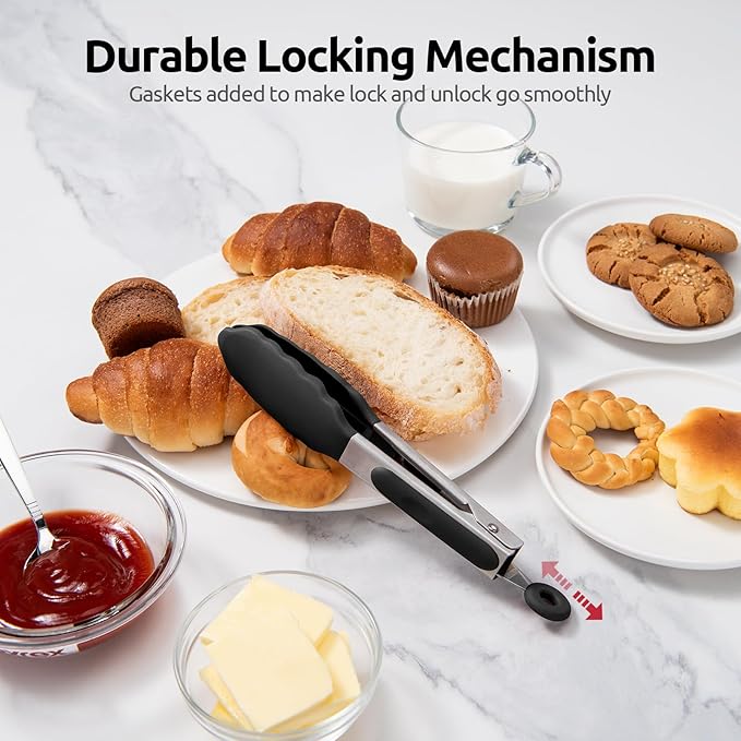 600ºF Heat Resistant Kitchen Tong: U-Taste 7 inch Silicone Cooking Tong with Firm Sealed Non Stick Rubber Tips & Silicon Coated 18/8 Stainless Steel Handle & Smooth Locking for Serving Salad (Black)