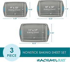 Rachael Ray Bakeware Nonstick Cookie Pan Set, 3-Piece, Gray with Agave Blue Grips