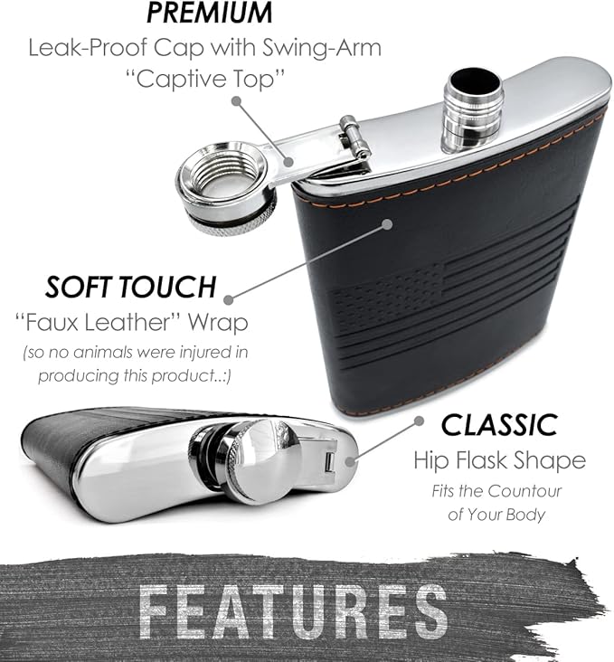 Leather American Flag Hip Flask - Leak Proof Food Grade Stainless Steel for Whiskey or Bourbon Liquor | Bonus Funnel (USA 8 Ounce Flask, Black Leather Wrap)