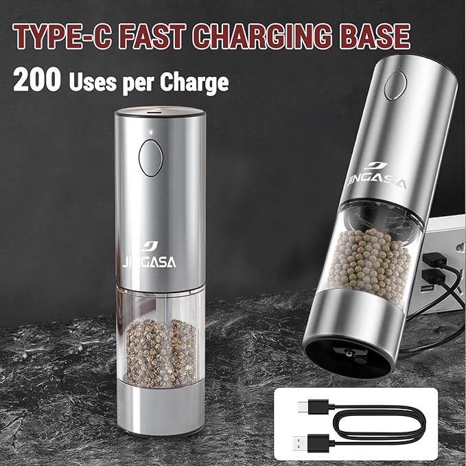 [Upgraded Larger Capacity] Electric Salt and Pepper Grinder Set with USB Charging Base, 95ml Large Capacity, Adjustable Coarseness,Stainless Steel Automatic Pepper Mill with One-Hand Operation, 1 Pack