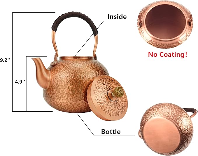 Funmaker Handmade Solid Copper Tea Pot Kettle Stovetop Teapot Thick Hammered Copper Tea Pot Kettle Stovetop Teapot Made for gasstove tops pure copper kettle (Type 7-2200ml)