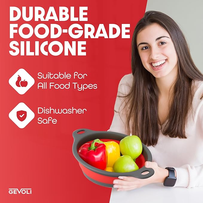 Strainer with Self-Draining Base (5QT) Over-Sink Collapsible Kitchen Colander Set with Side-drain Base for Pasta Vegetables and Fruit, XL Large Capacity, Dishwasher Safe (5-Quart) Red/Gray