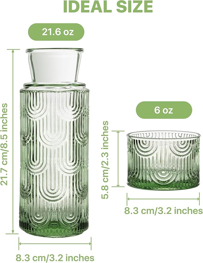 Bedside Water Carafe and Glass Set, Mouthwash Dispenser for Bathroom, 21.6 Oz Glass Water Bottles with 6 Oz Drinking Cup as Lid, Water Pitcher for Nightstand, Kitchen (Green)