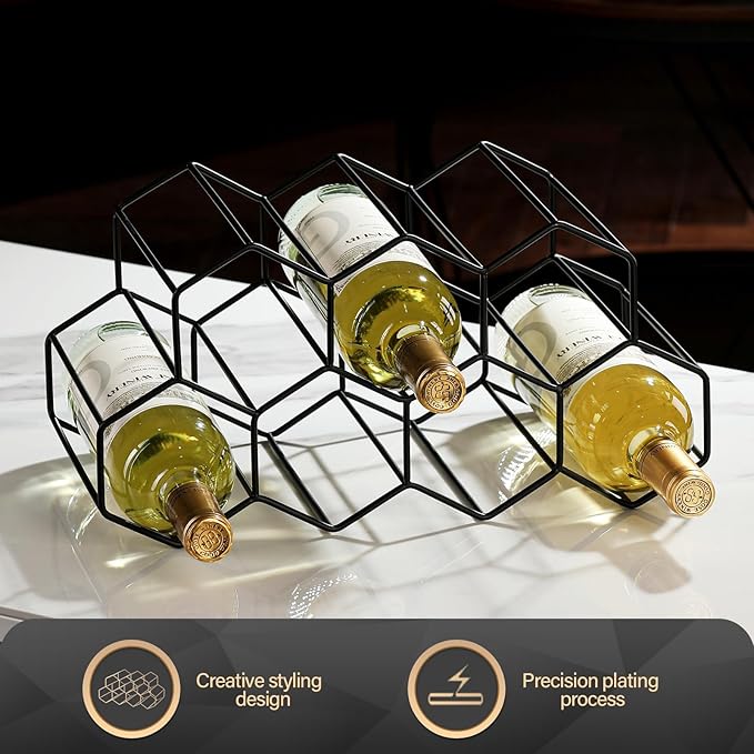 Countertop Wine Rack - 9 Bottle Freestanding Modern Black Metal Small - 2 Tier Tabletop Wine Holder Stand for Cabinet, Pantry - Wine Racks Countertop - No Assembly Required