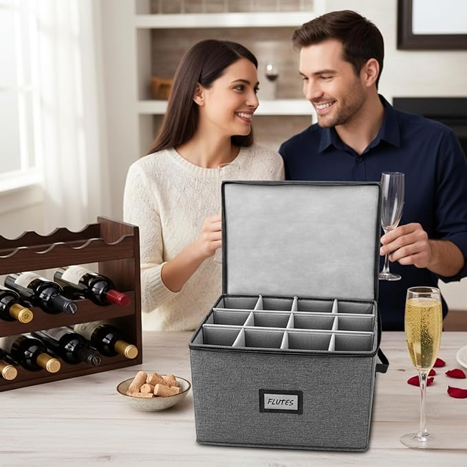 HOMELUX THEORY Champagne Flute Storage Box with Dividers, Hard Shell China Storage Containers, Heavy Duty Glassware Storage Box & Stemware Storage Container with Lid, Thick Surface, and Sturdy Handle