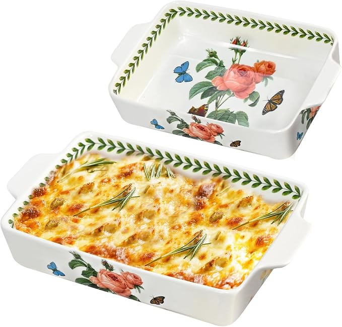 ACMLIFE Ceramic Casserole Dish for Oven, Floral Baking Dishes for Oven Lasagna Pan, Large Baking Dish with Handles, Durable and Oven Safe Pan, for Roasting and Baking, Gift Packaging 2 Pcs Set(13"x8"+10.3"x6.3") (Rose)