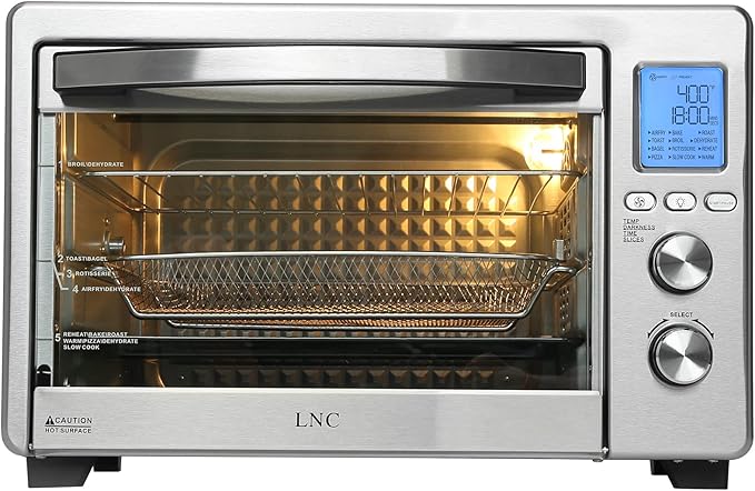 LNC Air Fryer Oven, 34QT Extra Large 1750W Toaster Air Fryer Combo, 12” Pizza Convection Oven Countertop, 12-in-1 with 4 Accessories, Stainless Steel, Silver