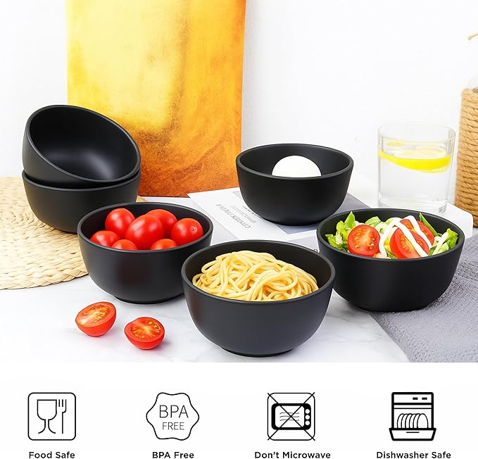 TP 10 Ounce Bowl Set of 6, 4.5” Melamine Bowls for Appetizer Snacks Ice Cream Dipping Sauce Side Dish, Unbreakbale and lightweight, Black