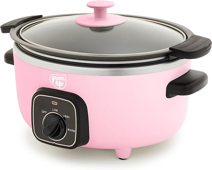 GreenLife 3.5QT Slow Cooker, Non-Toxic PFAS-Free Ceramic Nonstick Removable Interior Bowl, Programmable, Keep Warm, Stovetop & Oven Safe, Dishwasher Safe Parts, Glass Lid, Pink