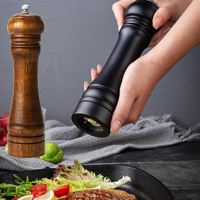 Wooden Pepper Mill Set Salt Black Pepper Grinder Kit Manual Mills Solid with Strong Adjustable Ceramic Grinders 2 Piece 8 Inches