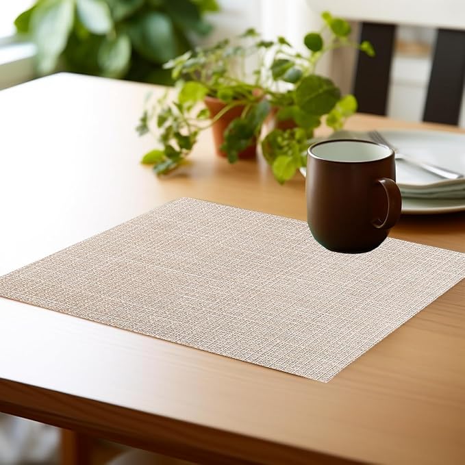 PIGCHCY Beige Placemats Set of 4 Vinyl PVC Durable Place Mats for Dining Table,Heat Resistant Non-Slip Woven Tabel Mats (18x12 inches, Beige)