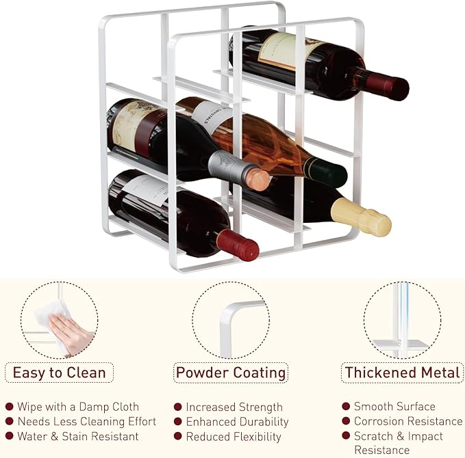 Buruis 9-Bottle Metal Wine Rack, Freestanding Holder Organizer for Red and White Wine, Kitchen Countertop, Pantry, No Assembly Required, White