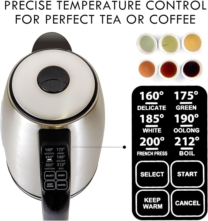 Kenmore Kettle - Digital Cordless Electric Kettles for Instant hot tea & coffee stainless steel automatic shut-off temperature control for boiling water spout filter countertop kitchen appliance 1.7L