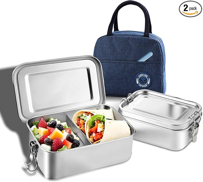 Stainless Steel Lunch Container 2 Pack 304 stainless Steel Bento Box Kids Adult(29oz/19oz),Leak Proof Stainless Steel Snack Containers With 1 Compartment and Lunch Bag