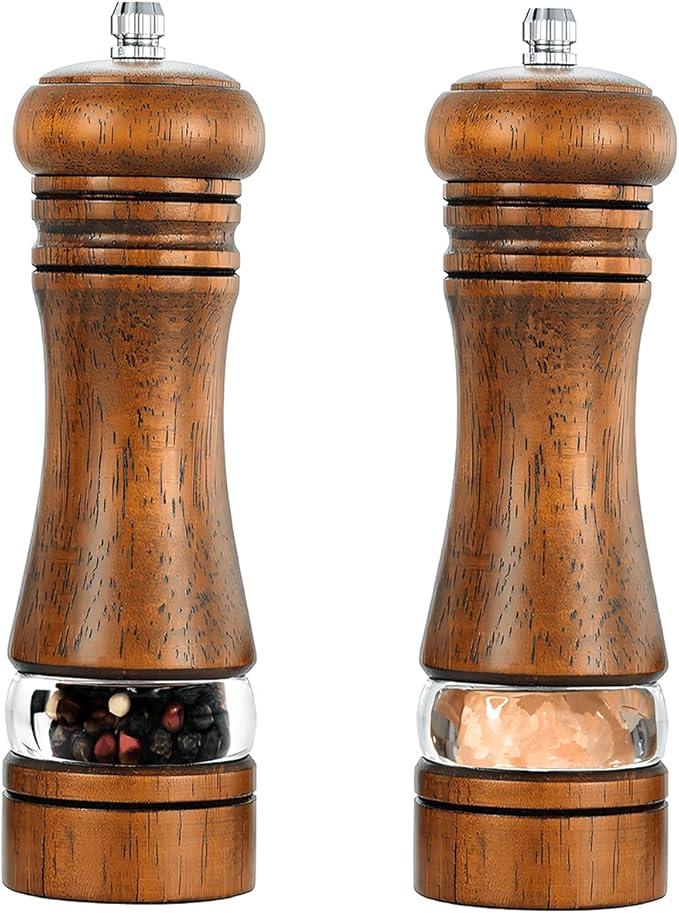 2-Piece Salt and Pepper Grinder Set, 6.5 Inch Wooden Salt and Pepper Mills with Adjustable Coarseness, Refillable Manual Pepper Mill Grinder for Home Cooks (Brown)